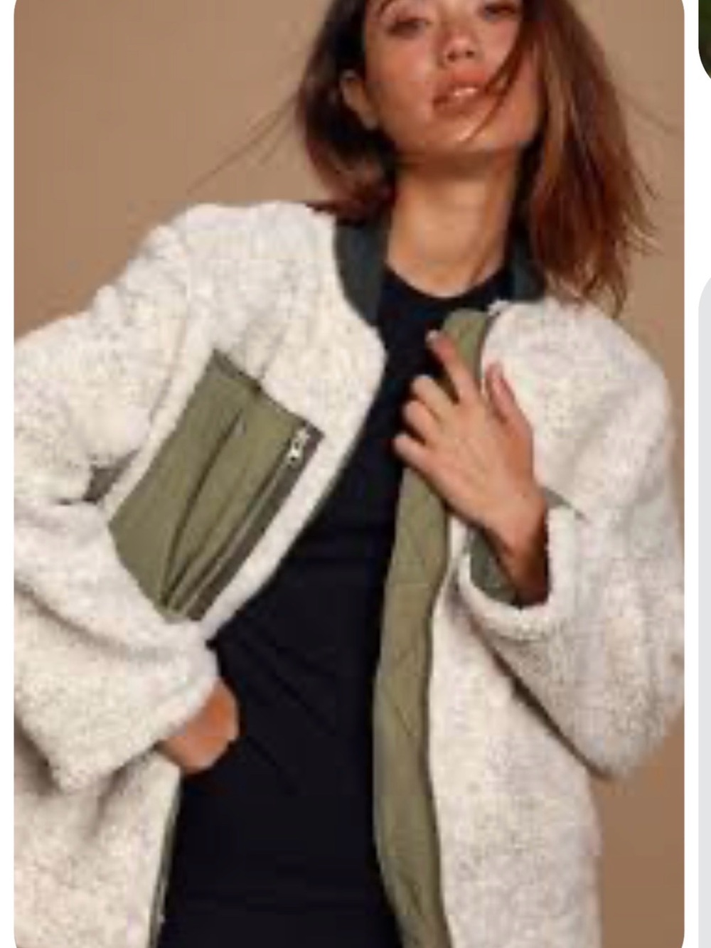 Free People White Bouclé Teddy Jacket with Olive Accents